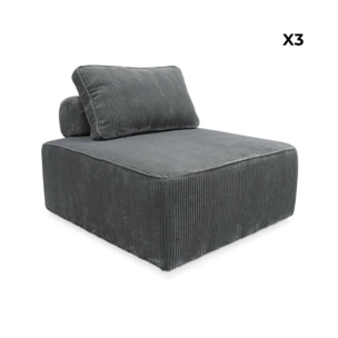 Lot de 3 chauffeuses pour canapé modulables velours côtelé gris avec un coussin