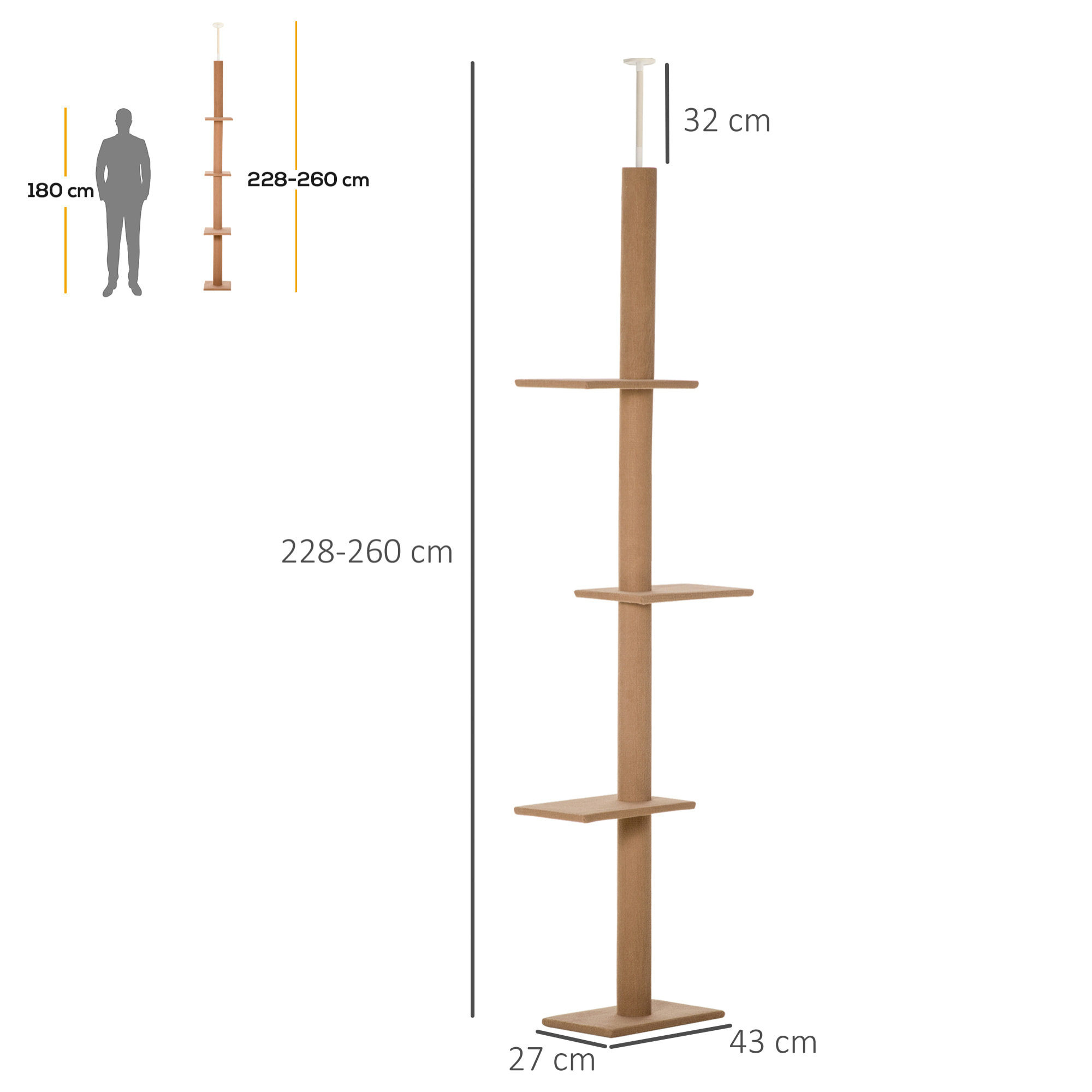 Árbol para Gatos del Suelo al Techo 43x27x228-260 cm Torre para Gatos con Altura Ajustable 4 Plataformas Espaciosas y Poste de Sisal Marrón