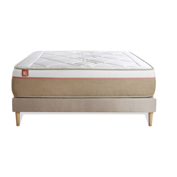 Ensemble Matelas Le Soyeux - 24cm - Ressorts ensachés et mémoire de forme - Equilibré - Sommier kit Beige