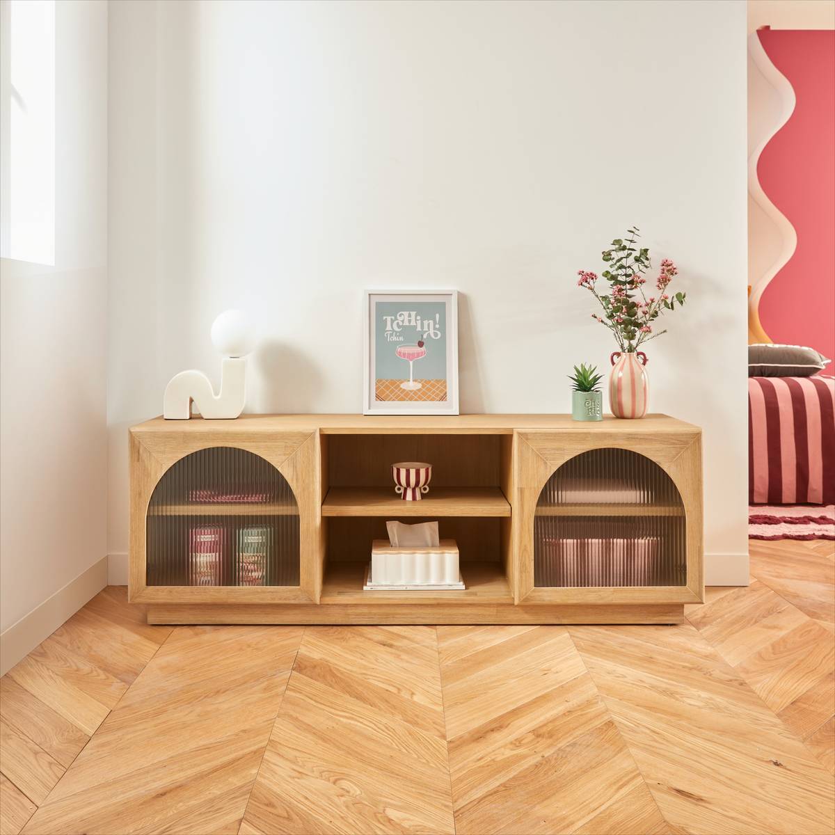 Meuble bas 2 portes 3 étagères Lousada beige 160x40cm