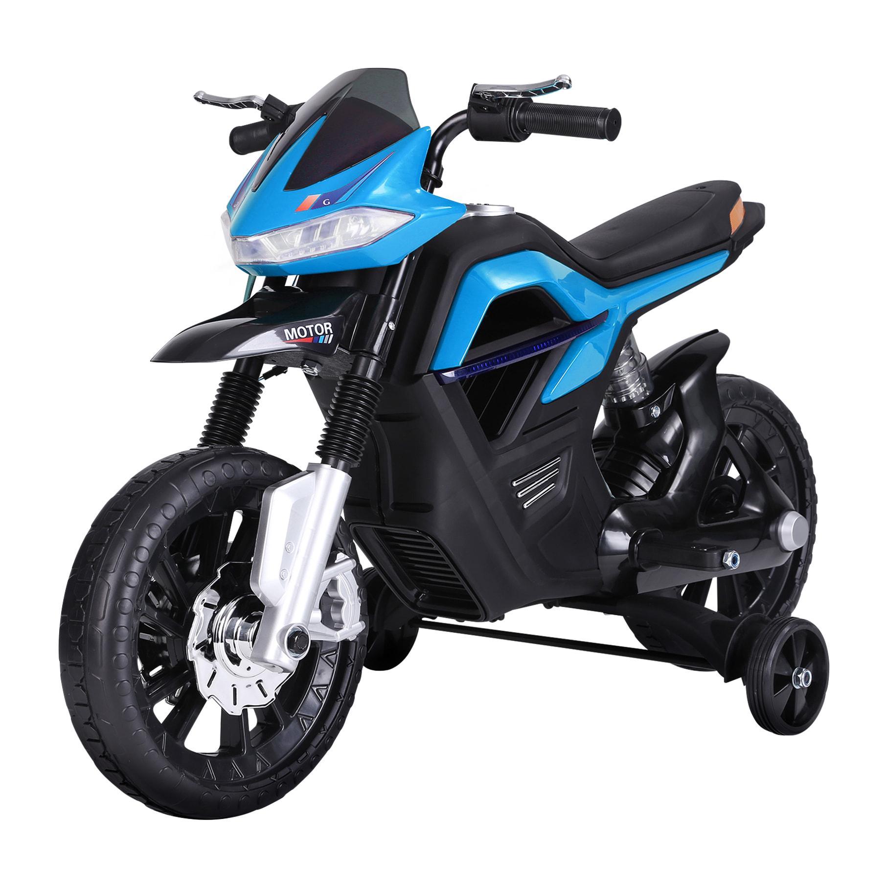 Moto électrique pour enfants 25 W 6 V 3 Km/h effets lumineux et sonores roulettes amovibles bleu