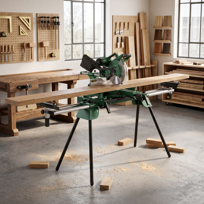 Soporte de Sierra Ingletadora Plegable, Universal con 2 Rodillos de Apoyo, Banco de Trabajo Extensible con Altura y Ancho Ajustable, Estructura Metálica Reforzada, Sistema Fijación Carga 200 kg