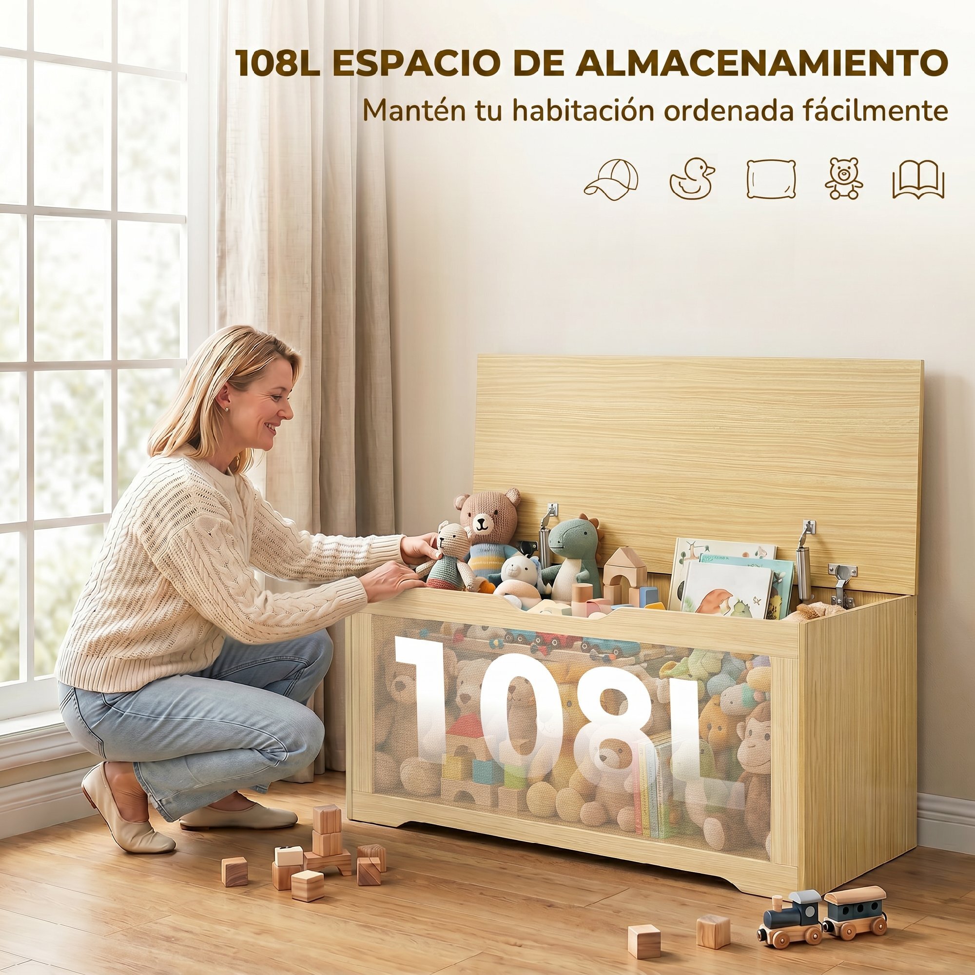 Baúl de Almacenaje 108L, Banco de Almacenaje con Panel de Ratán, Tapa Elevable, Brazos de Soporte, Diseño Sin Tiradores, para Recibidor, Pasillo, Dormitorio, Salón, 80x40x45 cm, Roble