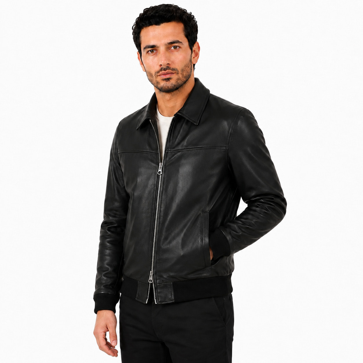 Giubbino in vera pelle di vitello Nero-Slim Fit