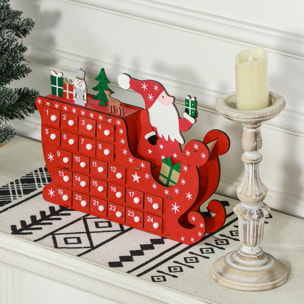Calendrier de l'Avent en bois traineau - 24 tiroirs - décoration de Noël - blanc rouge