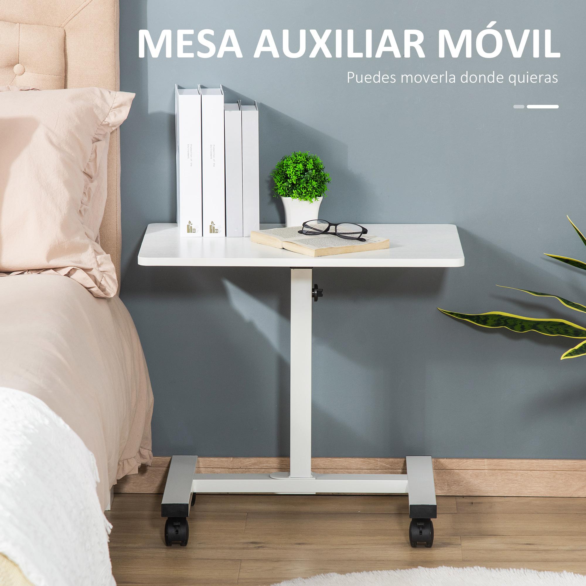 HOMCOM Mesa Auxiliar con Ruedas Mesita Lateral para Sofá Cama con Altura Ajustable Marco de Metal y Frenos para Dormitorio Salón 60x40x52,5-84 cm Blanco