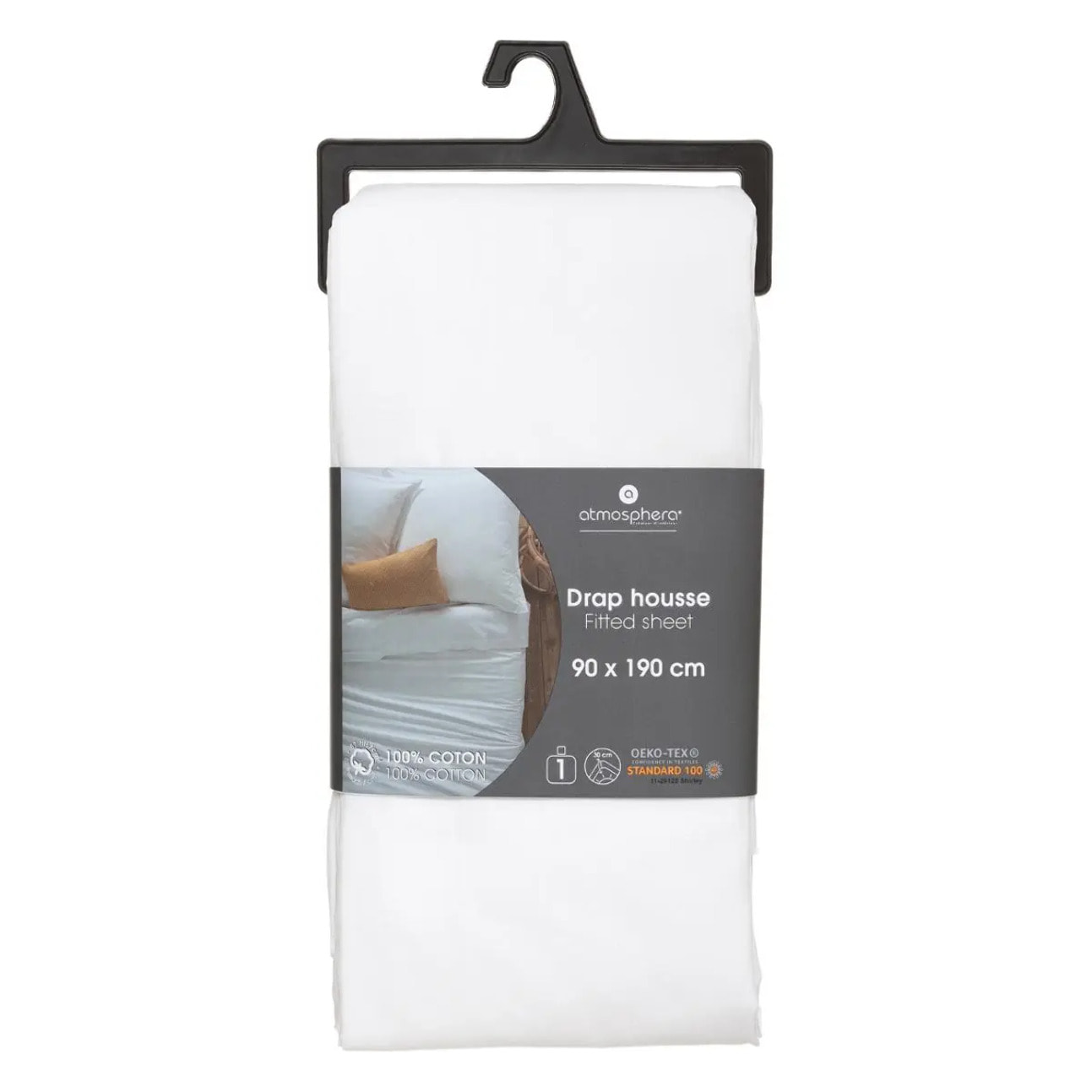 Drap-housse en coton - blanc - bonnet H30cm - 90x190 cm