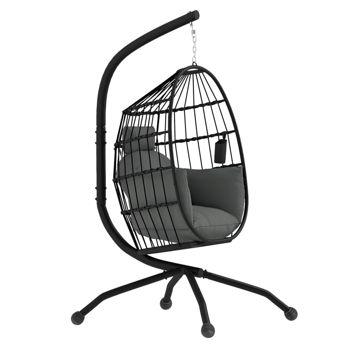 Silla Colgante Huevo con Soporte Columpio Jardín Exterior con Cesta Plegable Cojín y Reposacabezas Portavaso Columpio Colgante para Interior y Exterior Carga 120 kg Negro