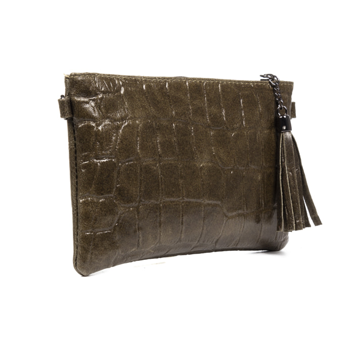 FIRENZE ARTEGIANI Borsa a Spalla da Donna Oleggio. Vera Pelle Scamosciata Incisione Coccodrillo Grande Made in Italy 23x4x15 Cm. Colore: verde scuro