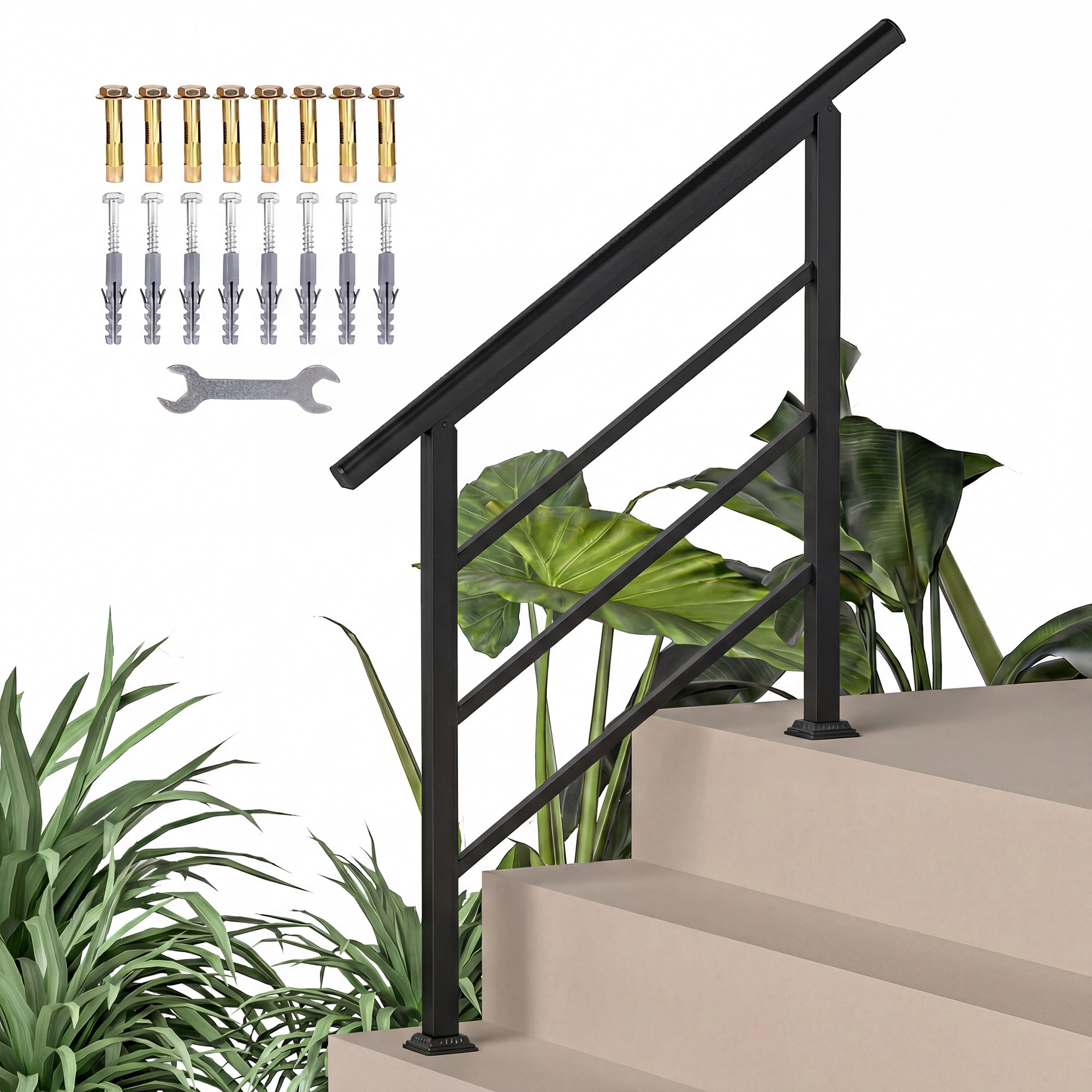 Barandilla de Escalera, 95 cm, Pasamanos para Escalera con Kit de Instalación, Ángulo Ajustable para 1-3 Escalones, para Porches, Madera y Concreto, para Exterior, Terraza, Patio, Negro