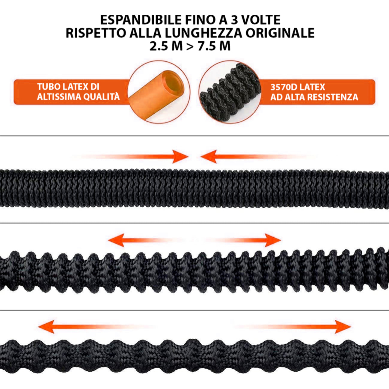 Tubo Da Giardino Estensibile Da 2.5 a 7.5 Metri Raccordi Ottone Massiccio Tubo Flessibile Per Acqua Valvola Di Arresto Ugello Multifunzione 8 Funzioni