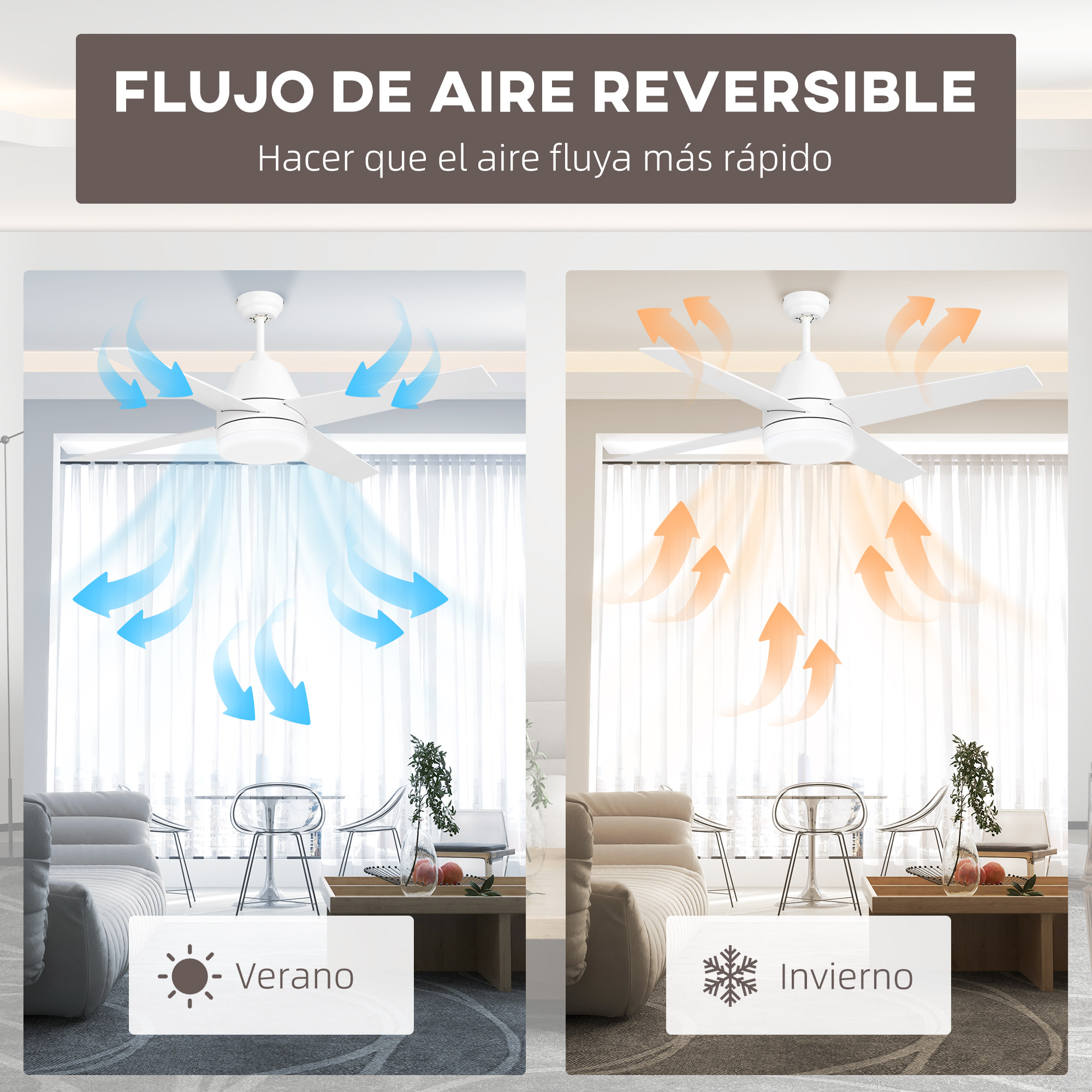 Ventilador de Techo con Luz 46W Ø129 cm Motor DC Ventilador de Techo Silencioso con 4 Aspas Reversibles Mando a Distancia 6 Velocidades y Temporizador para Dormitorio Salón