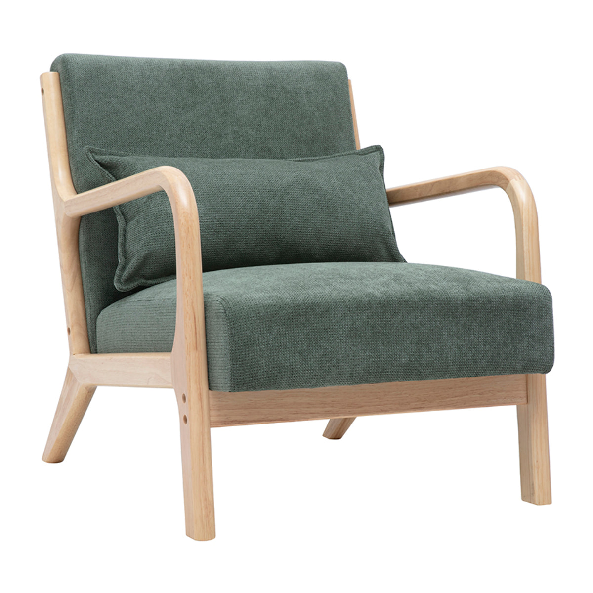 Fauteuil scandinave en tissu chenille vert kaki et bois clair massif DERRY