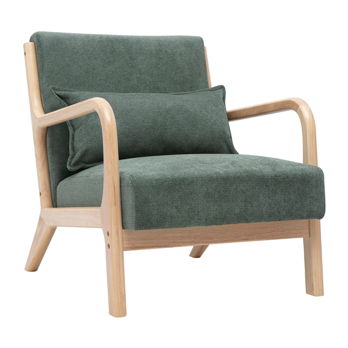 Fauteuil scandinave en tissu chenille vert kaki et bois clair massif DERRY