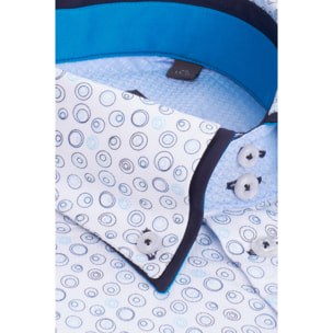 Camicia Uomo 2 Bottoni Button Down 7bottoni Doppio Coll Armaturato Stampato Bianco/Celeste