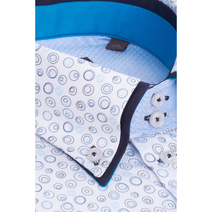 Camicia Uomo 2 Bottoni Button Down 7bottoni Doppio Coll Armaturato Stampato Bianco/Celeste