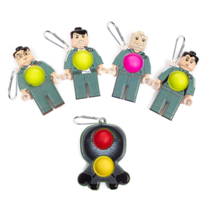 Sets 5 pezzi Squid figure giocatori e leader 9cm. Figure con moschettone e Bubble Pop It centrale.