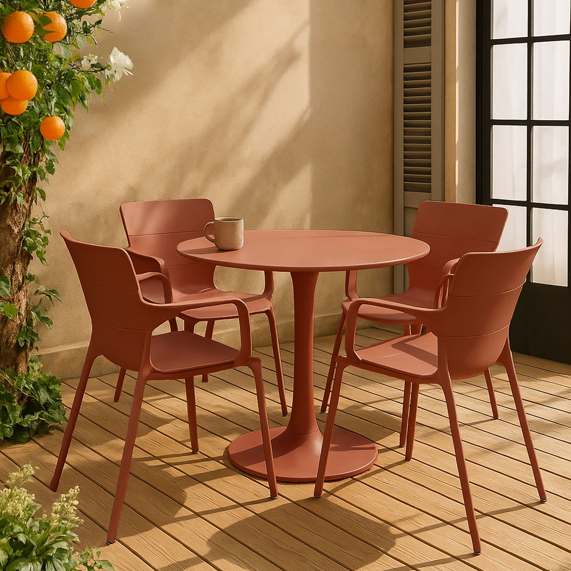 Lot de 4 fauteuils de table extérieur en polypropylène et métal brique MONTAUK