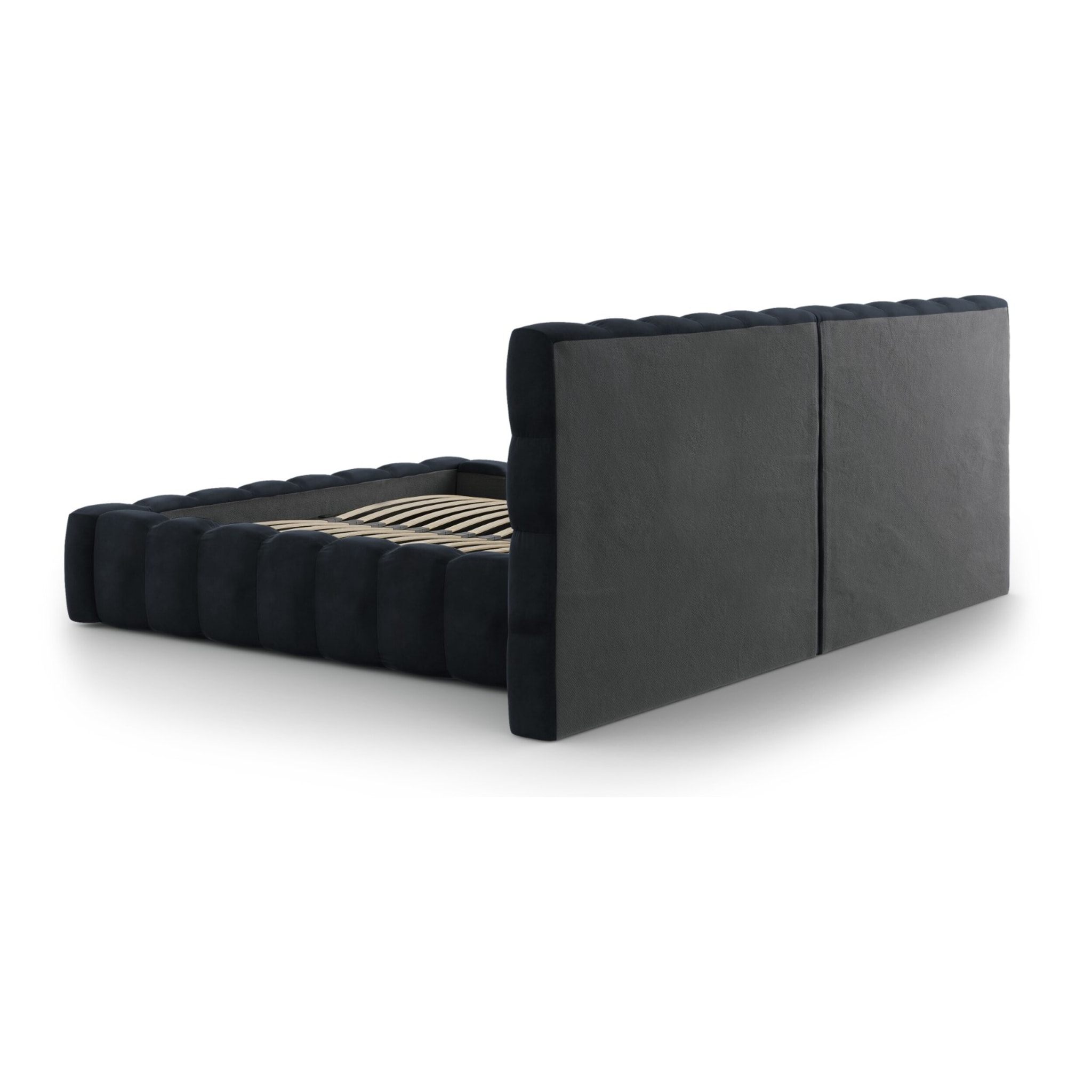 Lit coffre avec tête de lit double "Bali" 160x200cm en velours bleu foncé