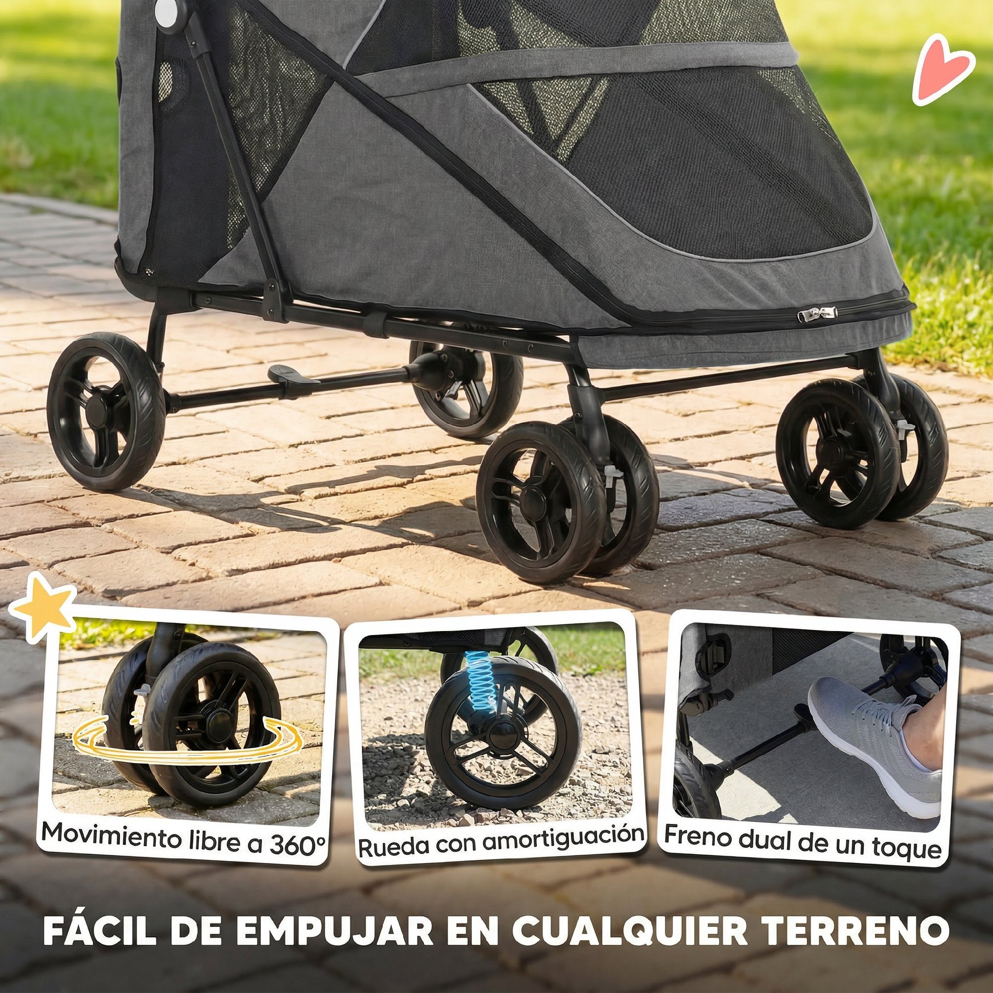 Carrito para Perros y Gatos Grande Plegable con un Botón hasta 30 kg, Cochecito para Perros Medianos y Grandes, Suspensión 4 Ruedas, Giratorio, Freno de Pie, Cojín Lavable, Gris