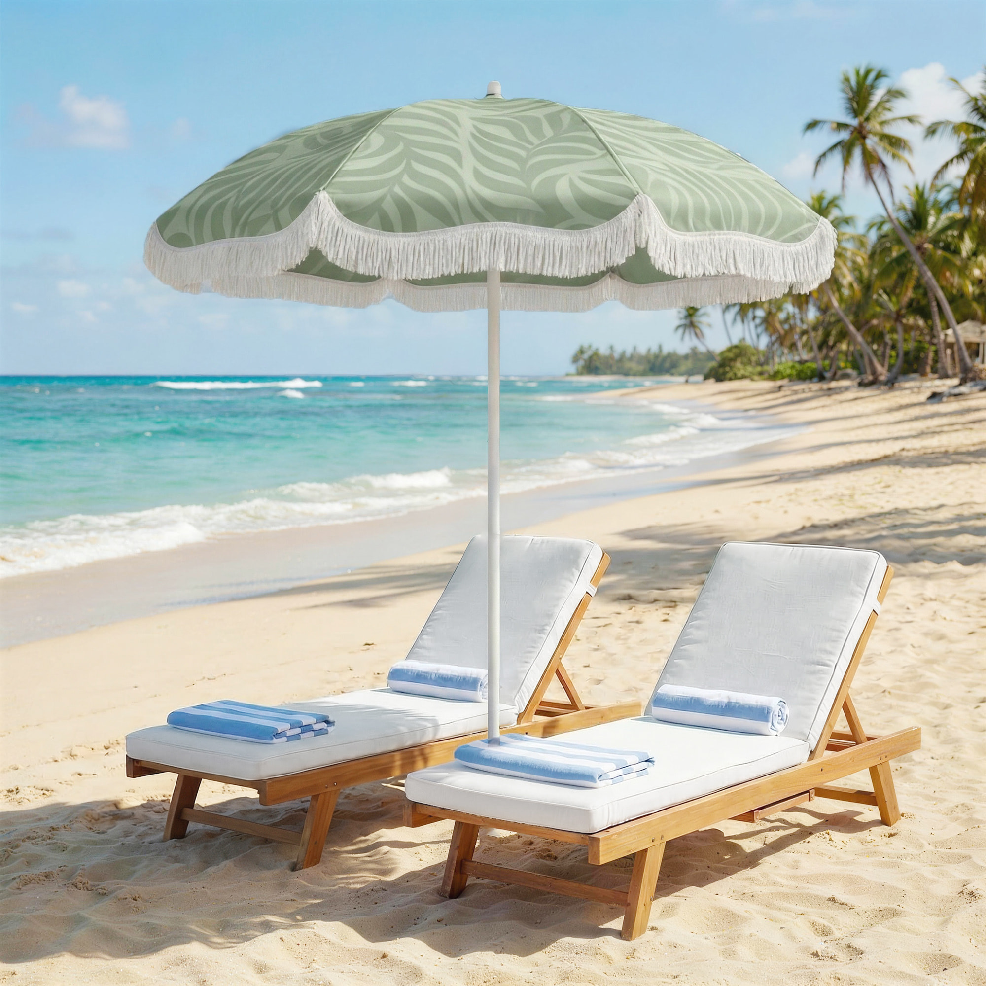 Sombrilla de Playa con Flecos Ø180 cm, Sombrilla de Terraza Exterior con Altura Ajustable, Inclinación, Anclaje Arena y Bolsa de Transporte, UPF30+, Estampado de Hojas, Verde