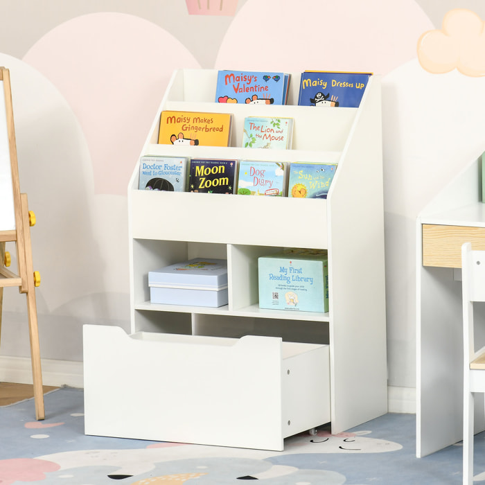 Bibliothèque étagère multi-rangement 3 étagères 2 niches grand tiroir MDF blanc