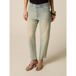 Oltre - Jeans boyslim stone bleached con applicazioni gioiello - Azzurro