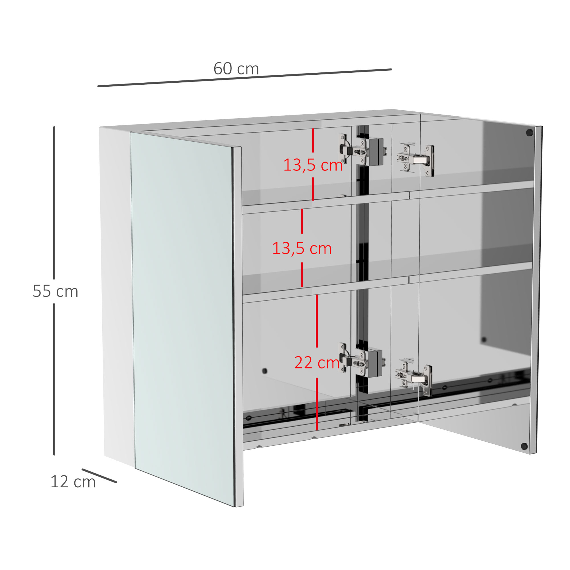 Armoire miroir rangement toilette salle de bain meuble mural dim. 60L x 12l x 55H cm acier inox.