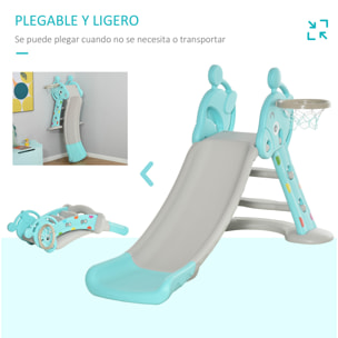 Tobogán para Niños +18 Meses Plegable con Canasta de Baloncesto Modelo Jirafa Juguete Infantil para Interiores y Exteriores 147x82x85,5 cm Azul y Gris