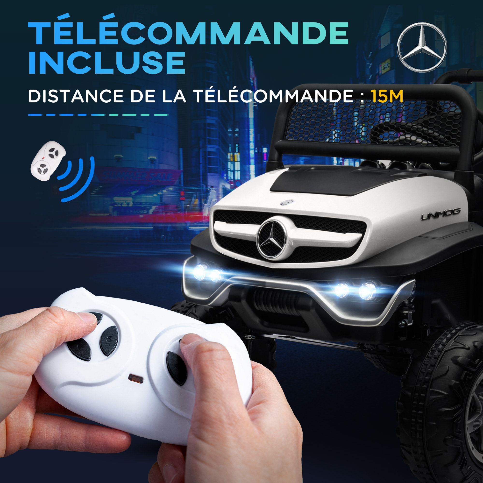 Voiture électrique 4x4 pour enfants de 3 à 8 ans 12 V Mercedes-Benz Unimog 2 moteurs avec télécommande, roues suspendues, klaxons, lumières, musique, blanc