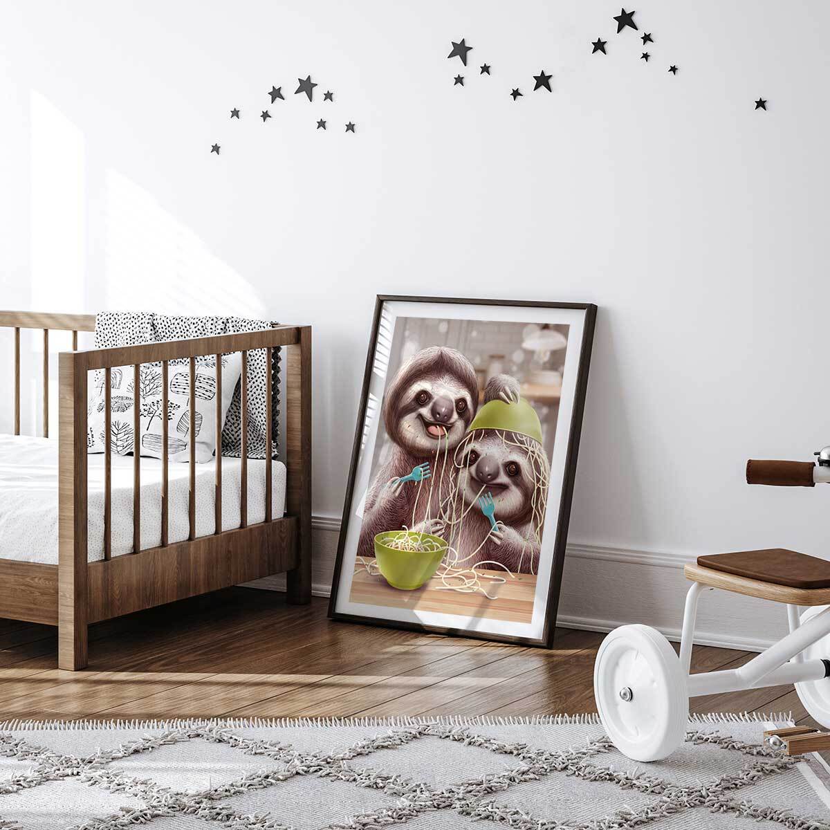 Affiche enfant jeune paresseux et spaghetti  Affiche sous cadre noir