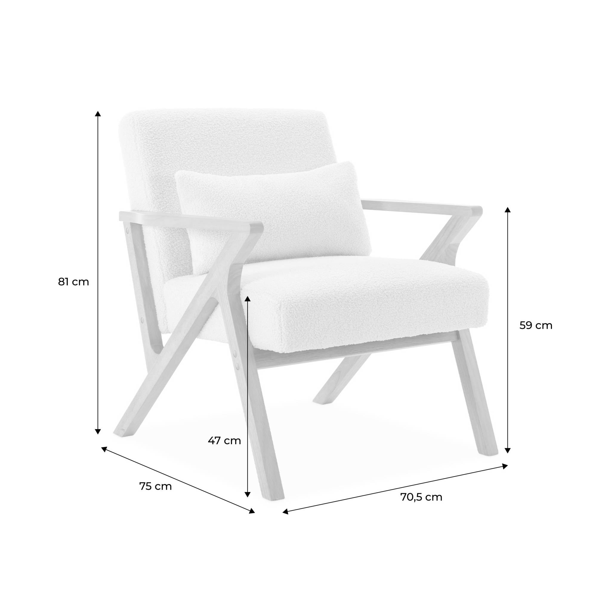 Fauteuil scandinave bois d'hévéa et tissu effet fausse fourrure blanc crème