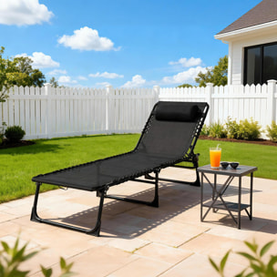 Bain de soleil transat pliable dossier inclinable multi-positions acier thermoplastique lacets élastiques noir textilène noir