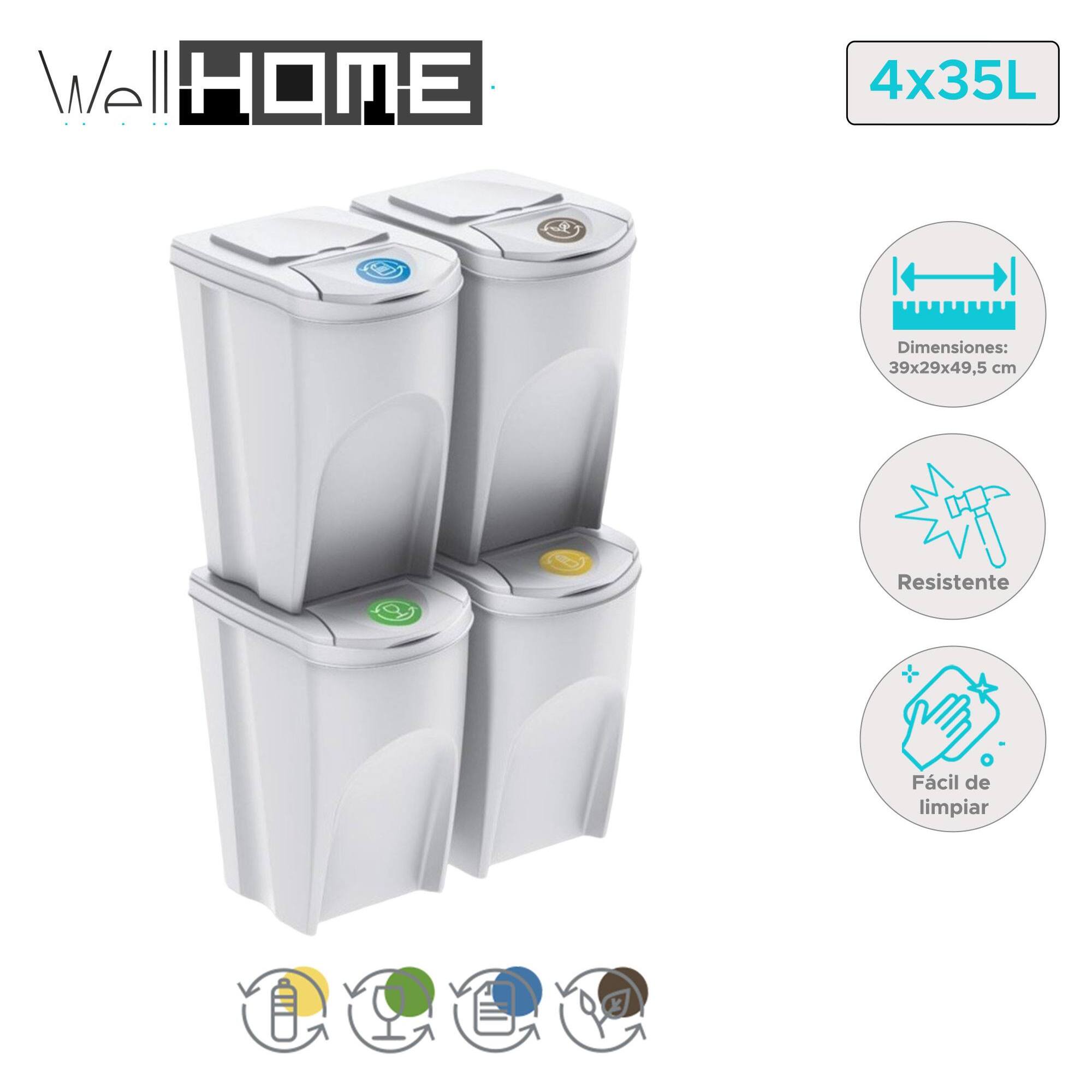 Well home - set de 4 cubos de basura-papelera reciclaje, blanco roto, 4x 35l
