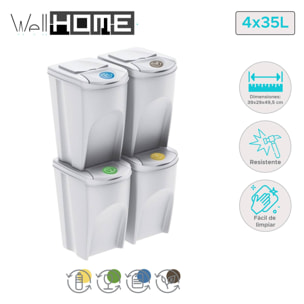 Well home - set de 4 cubos de basura-papelera reciclaje, blanco roto, 4x 35l