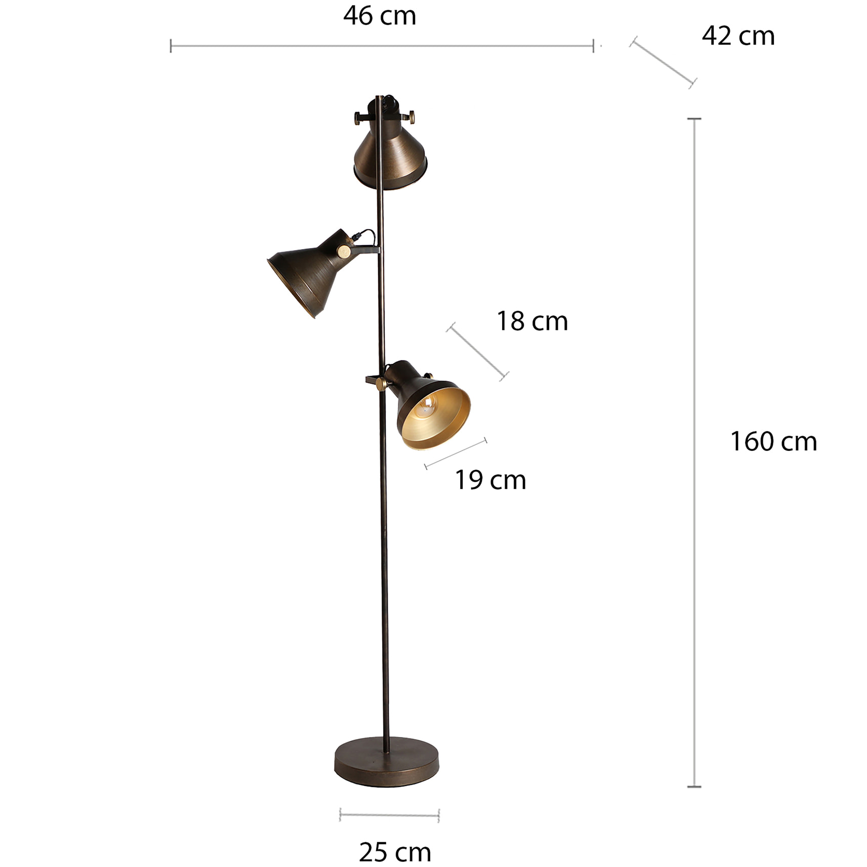 Lámpara de pie de hierro en color bronce de 46x42x160cm