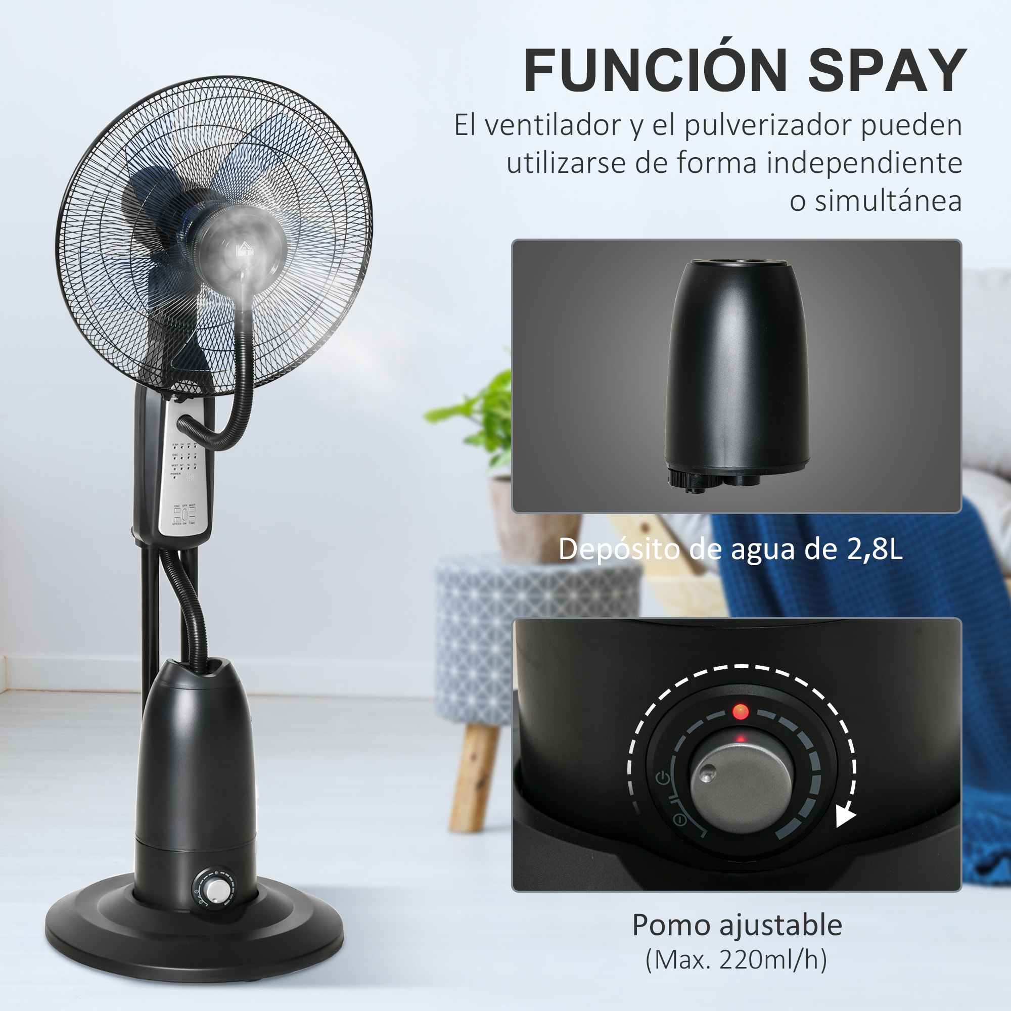 Ventilador Nebulizador Ventilador con Agua Oscilante 90W con Control Remoto 3 Modos 3 Velocidades Temporizador 7,5h y Tanque de Agua 2,8L Ø44,5x120 cm Negro