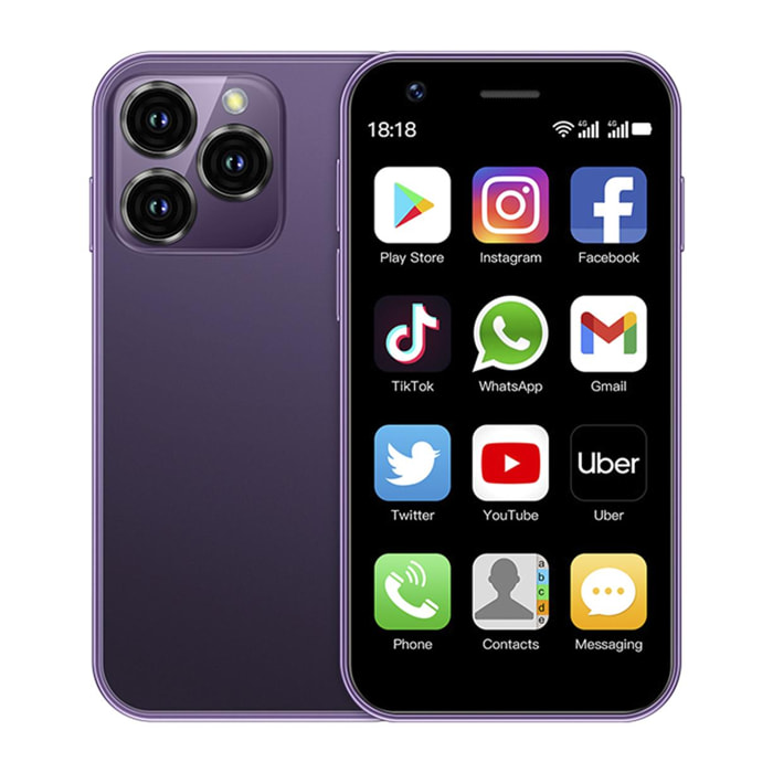 DAM Mini smartphone XS16 4G, Android 8.1, 2GB RAM + 16GB. Pantalla 3''.Doble tarjeta SIM. 4,5x1,2x10,2 Cm. Color: Morado