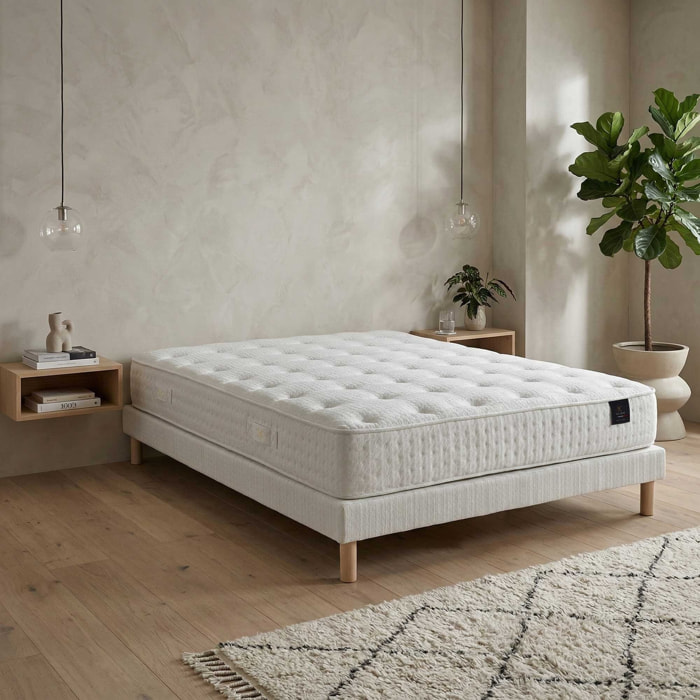 Ensemble matelas ressorts PULSAR, mémoire de forme, H27 cm, sommier blanc pieds de poules