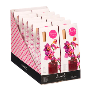 Pack 12 mikados con olor a orquídea. Frasco de 30ml y 6 varillas de fragancia.