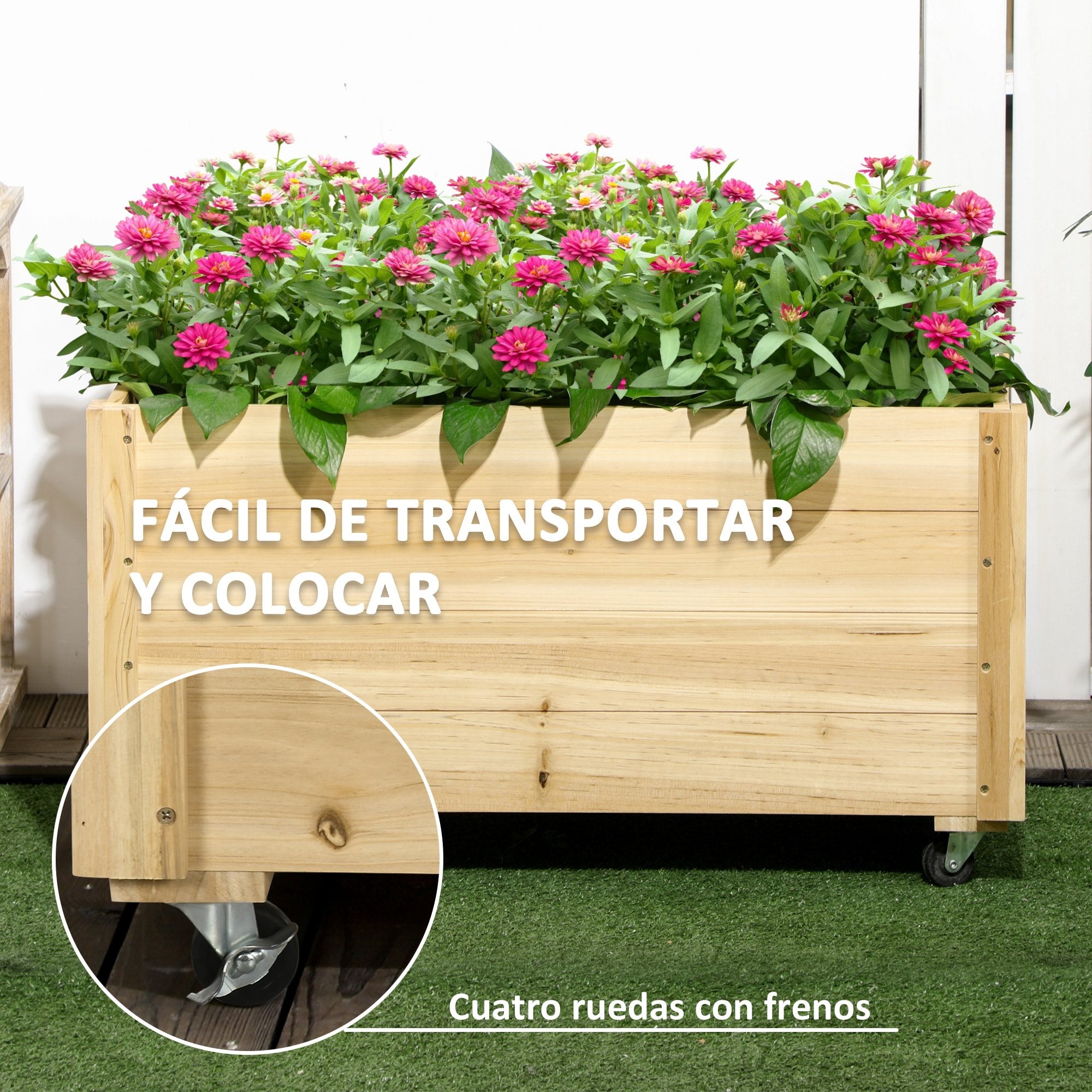 Jardinera de Madera con Ruedas Macetero de Jardín Jardinera de Cultivo con Orificios de Drenaje y Tela no Tejida para Cultivo Flores Plantas en Exterior Terraza 89x48x47 cm Natural