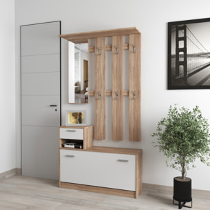 Mobile Belem Mobiletto da Ingresso con Scarpiera Appendiabiti e Specchio Arredo Arredamento Corridoio Entratina 97 x 35 x 25 cm (Bianco e Quercia)