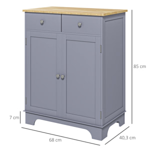 Buffet multi-rangement 2 portes avec étagère réglable 2 tiroirs coulissants MDF gris plateau bois d'hévéa