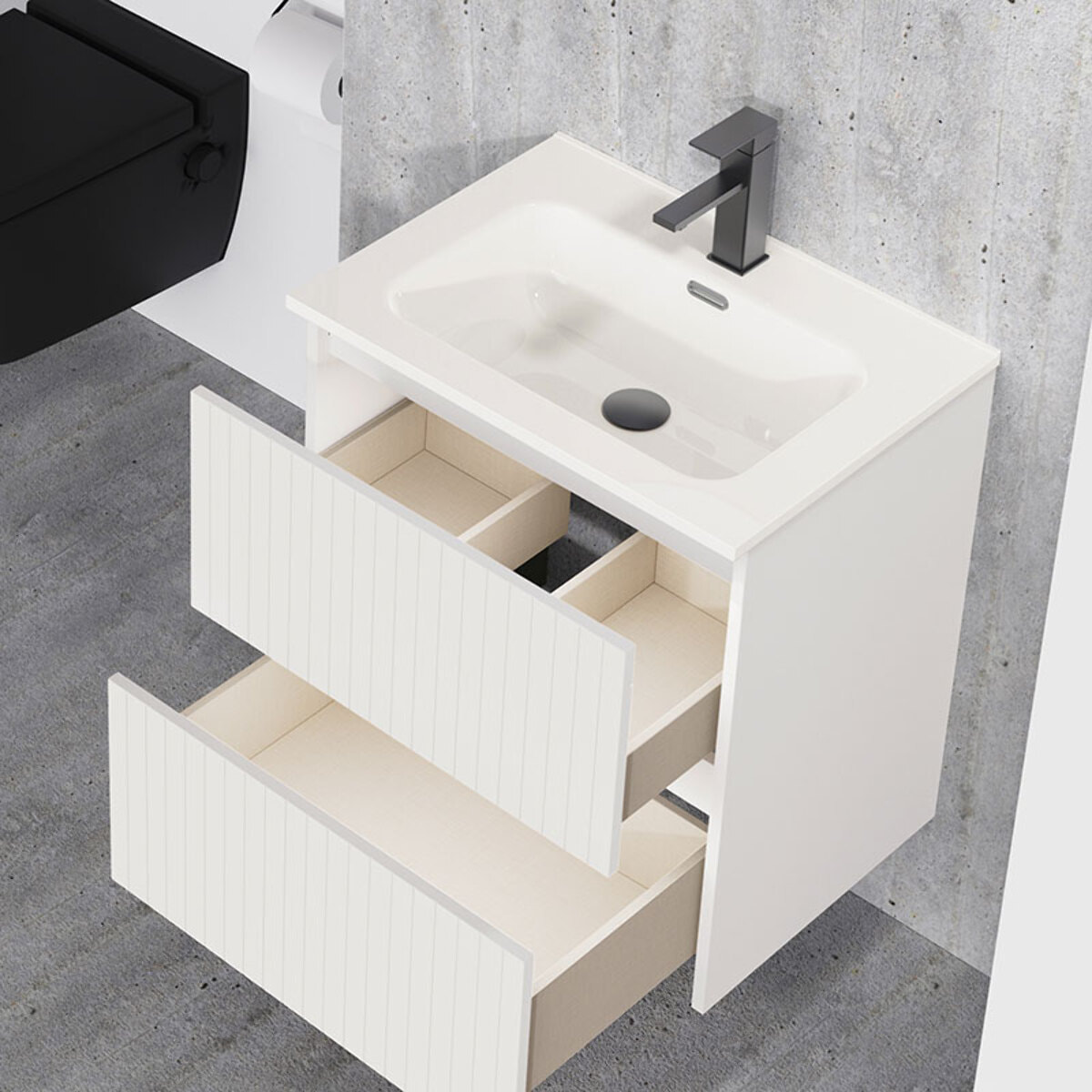 Conjunto de Baño Miya | Mueble de Baño Suspendido | 60 cm Blanco| Dos Cajones | Lavabo Encastrado | No incluye Espejo | Alday