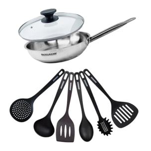 Set de 1 poêle de 28 cm en inox 1 couvercle en verre et 6 ustensiles Fackelmann Eterna