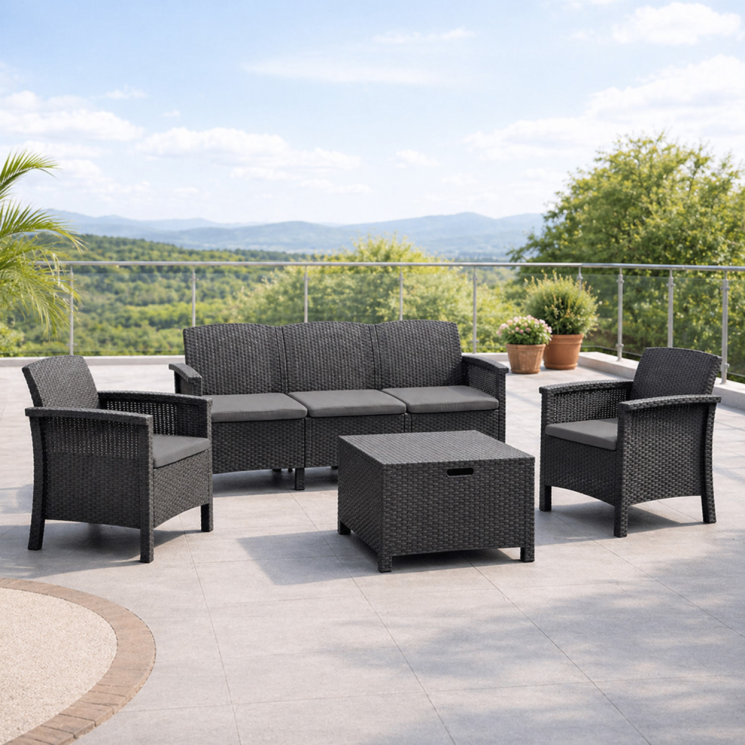 Salon de jardin 5 places effet résine tressée gris anthracite avec table basse MENIA