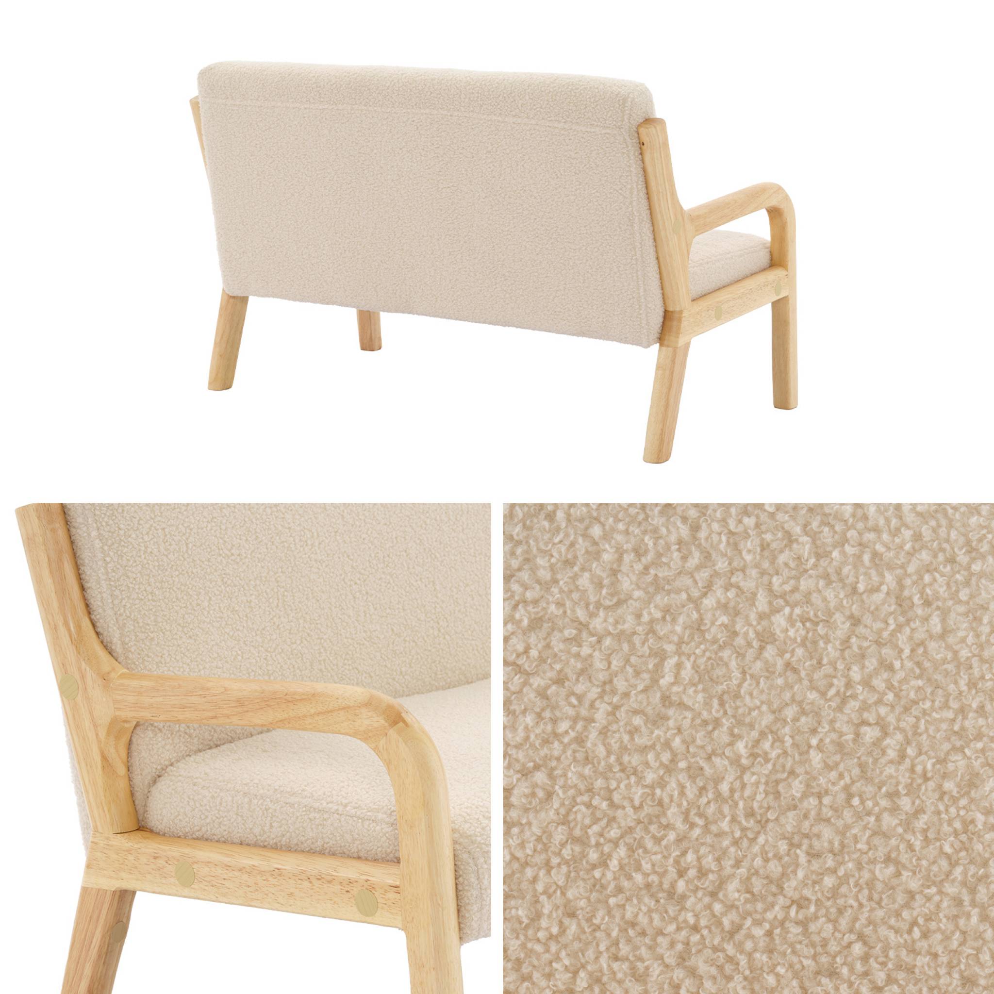Banquette scandinave enfant en bois et tissu bouclette beige 2 places