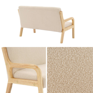 Banquette scandinave enfant en bois et tissu bouclette beige 2 places