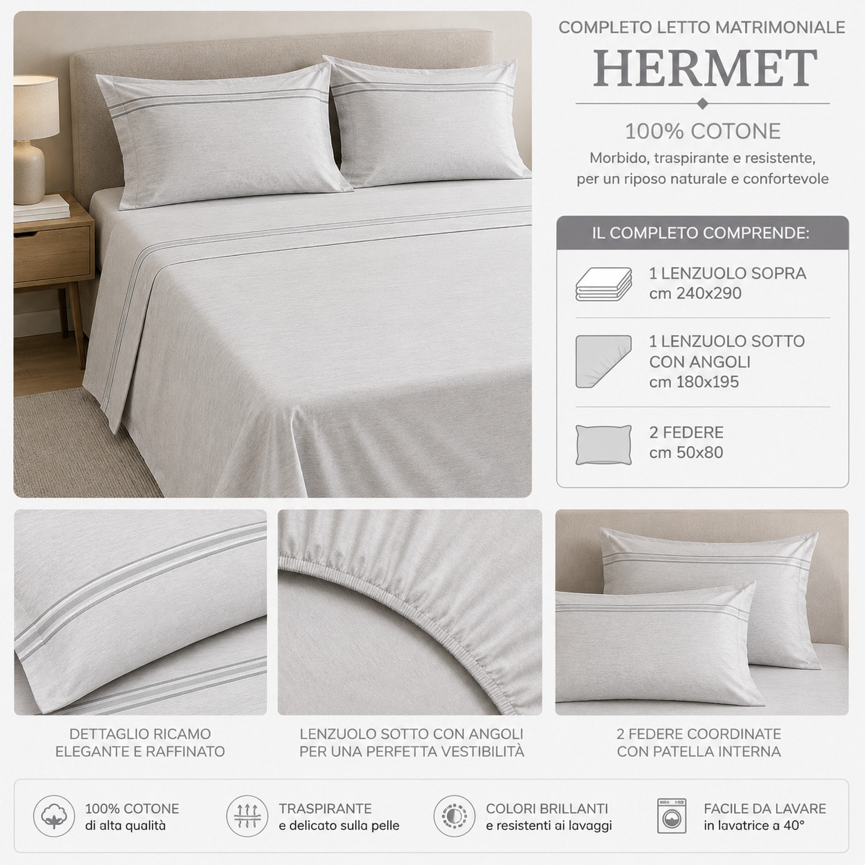 HERMET Completo Letto Matrimoniale in 100% Cotone_Volga_Grigio