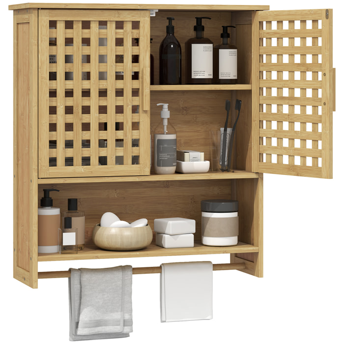 Armario de Baño de Pared de Bambú, Mueble de Baño Colgar con 2 Puertas de Celosía, Estante Abierto y Estante Ajustable, para Cocina, Lavadero, Natural
